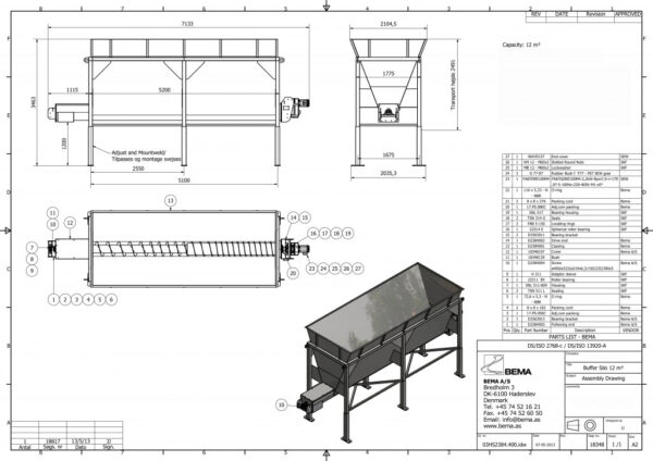 Machine drawing of bin with horizontal screw conveyor