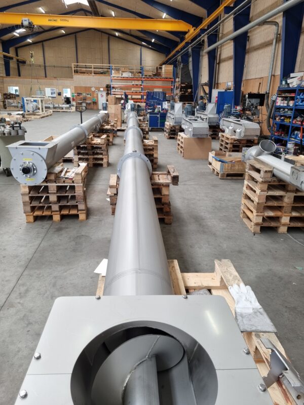 Horizontal tube conveyors for flake ice showing inlets