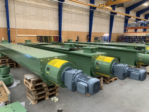 Heavy-duty screw conveyors ready to be shipped